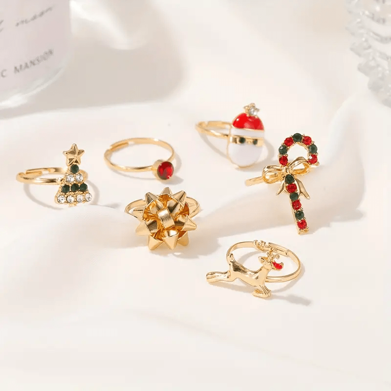 6 Pcs Cute Elk Christmas Tree Adjustable Ring Set