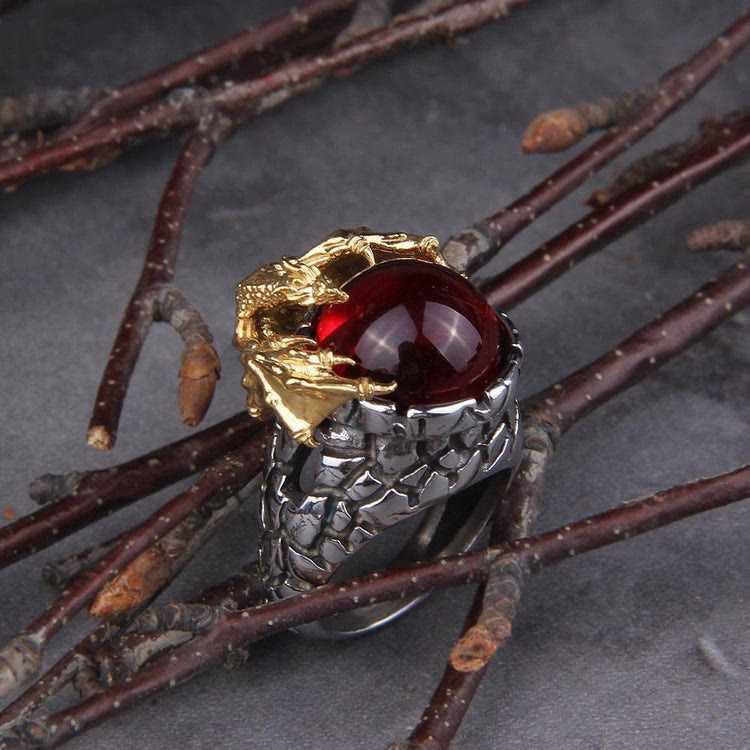 Stainless Steel Guardian Dragon Ruby Ring
