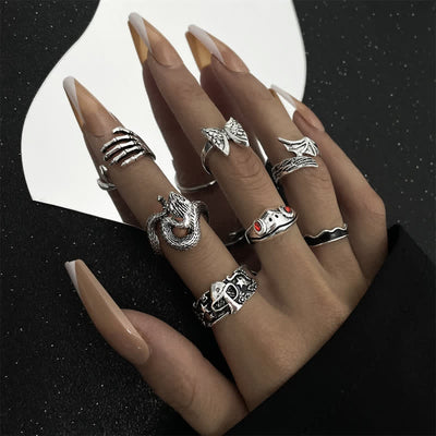 6Pcs Punk Skull Claw Poker Joker Ring Set