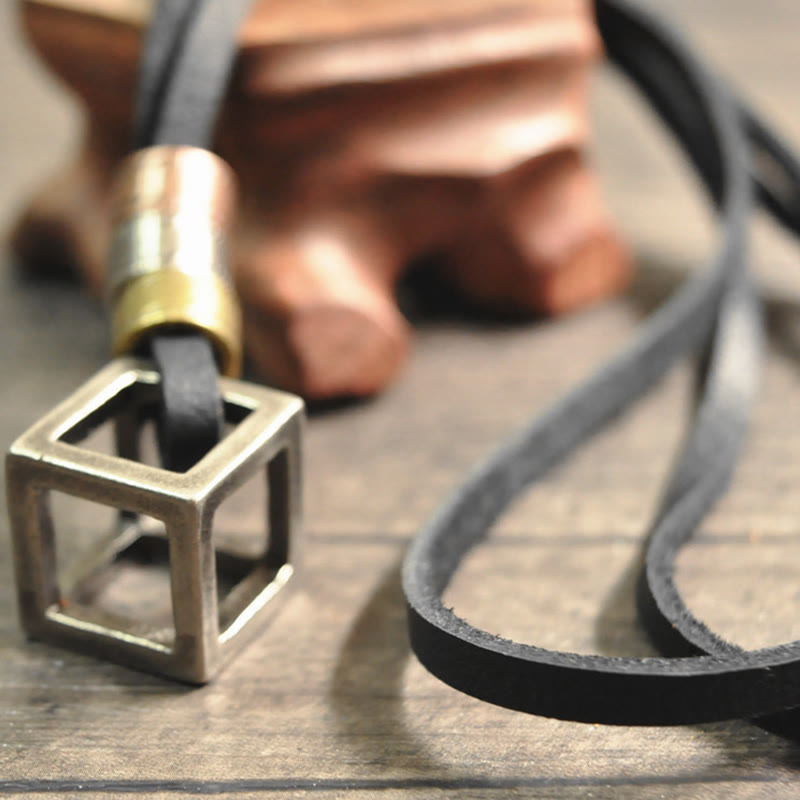 Vintage Metal Cube Pendant Leather Necklace