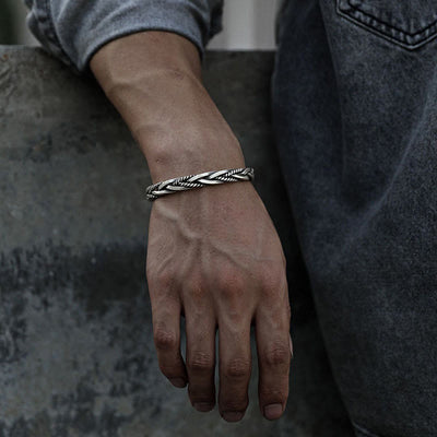 Vintage Men Weave Silver Opening Bracelet