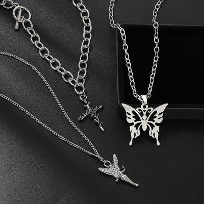 3Pcs Layered Angel Rose Butterfly Necklace Set