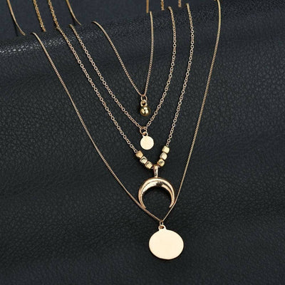 Boho Style Moon Gold Silver Multilayer Pendant Alloy Necklace