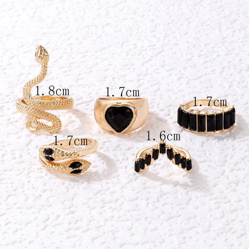 5 Pieces Rhinestone Heart & Snake Ring Set