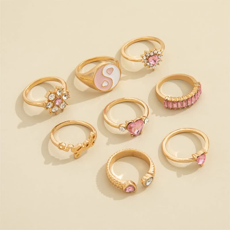 8Pcs Pink Yin Yang Flower Love Ring Set