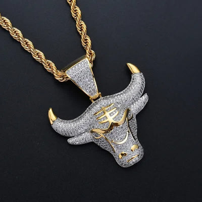 Full Rhinestone Cow Head Bling Ice Out Stainless Steel Necklace