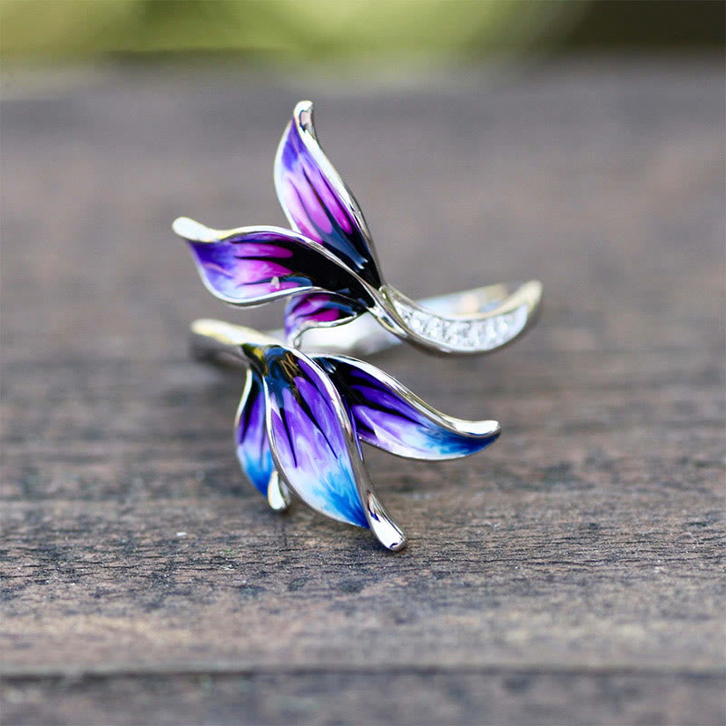 Women Blue Pink Feather Leaves Ring