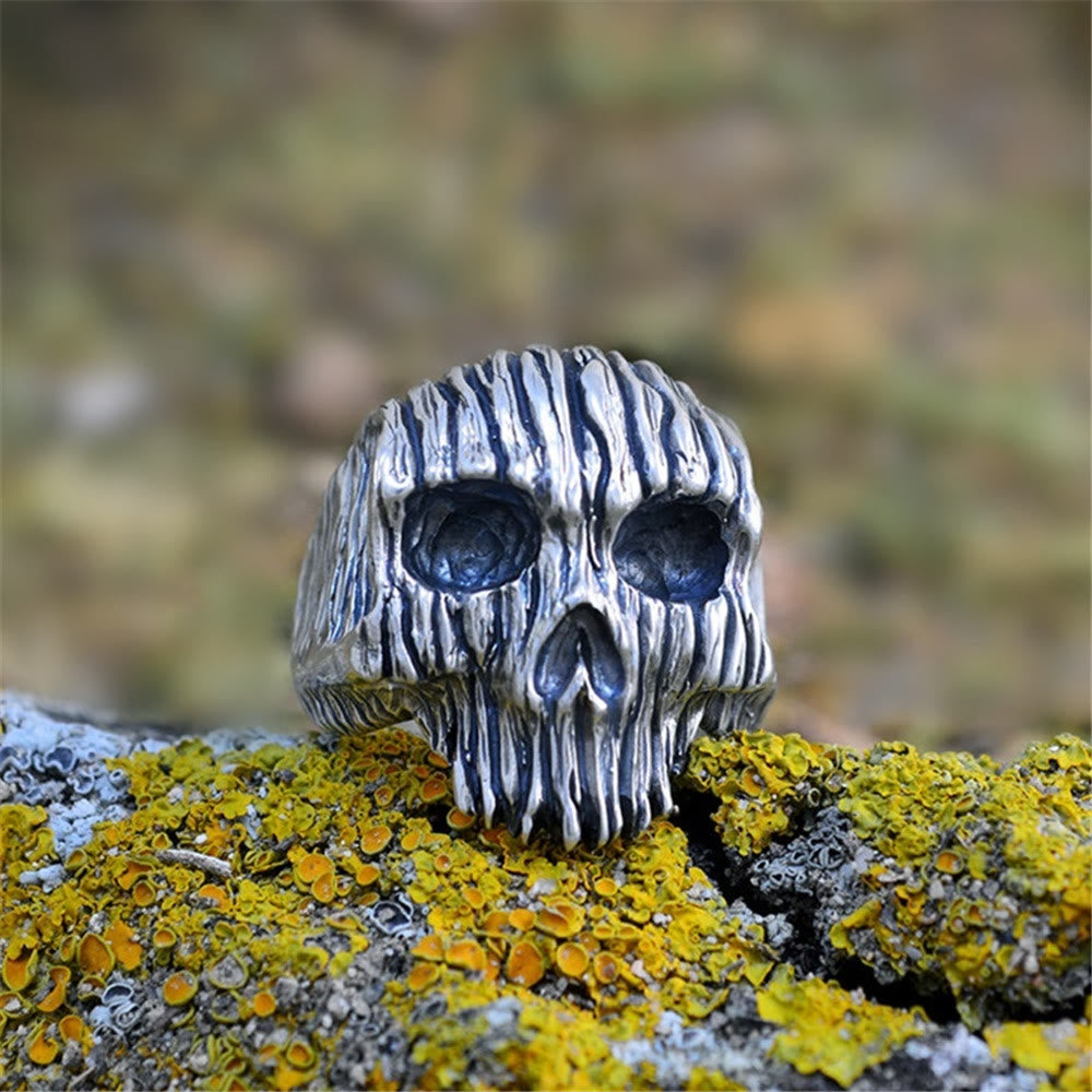 Cool Silver Striped Skull Ring