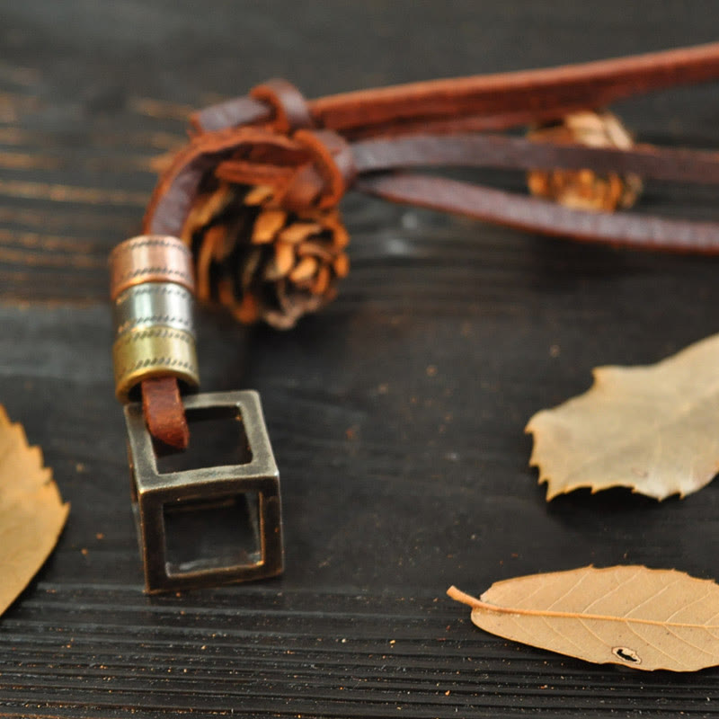 Vintage Metal Cube Pendant Leather Necklace