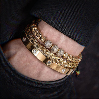 3 Pcs Luxury Micro Pave Round Bead Charm Gold Bracelet