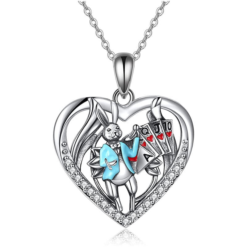 Heart Playing Card Rabbit Pendant Necklace