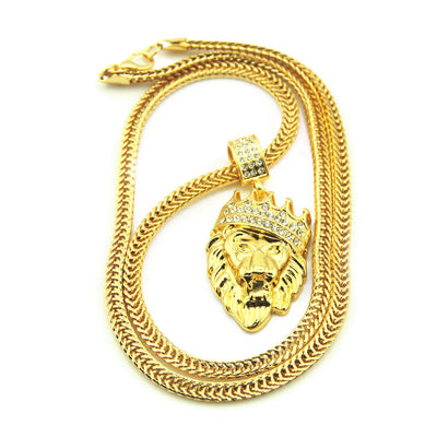 Gold Three-dimensional Crown Lion Head Pendant Necklace