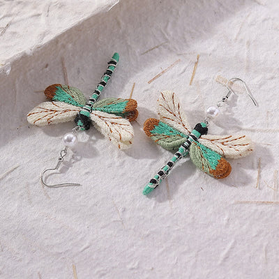 Vintage Dragonfly Fabric Pearl Earrings