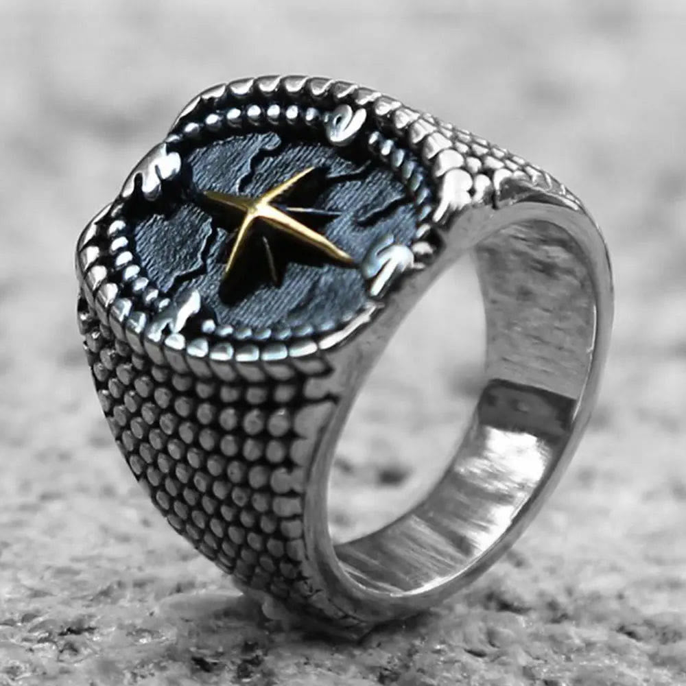 Golden Compass Stainless Steel Viking Ring