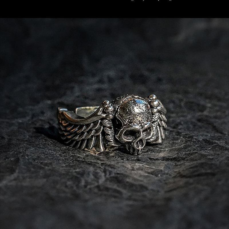 925 Sterling Silver Skull Wings Ring