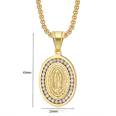 Stainless Steel Santa Maria Guadalupe Pendant Crystal Necklace