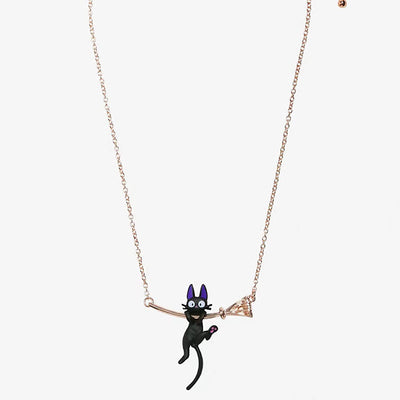 Cute Black Cat Hanging Witch Broom Necklace