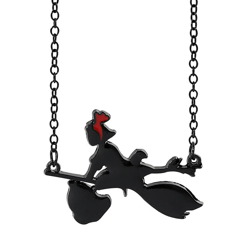 Cute Black Cat Hanging Witch Broom Necklace