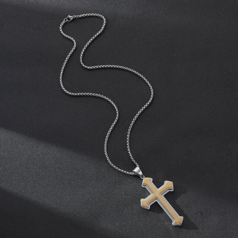 Layered Bible Cross Titanium Steel Pendant Necklace