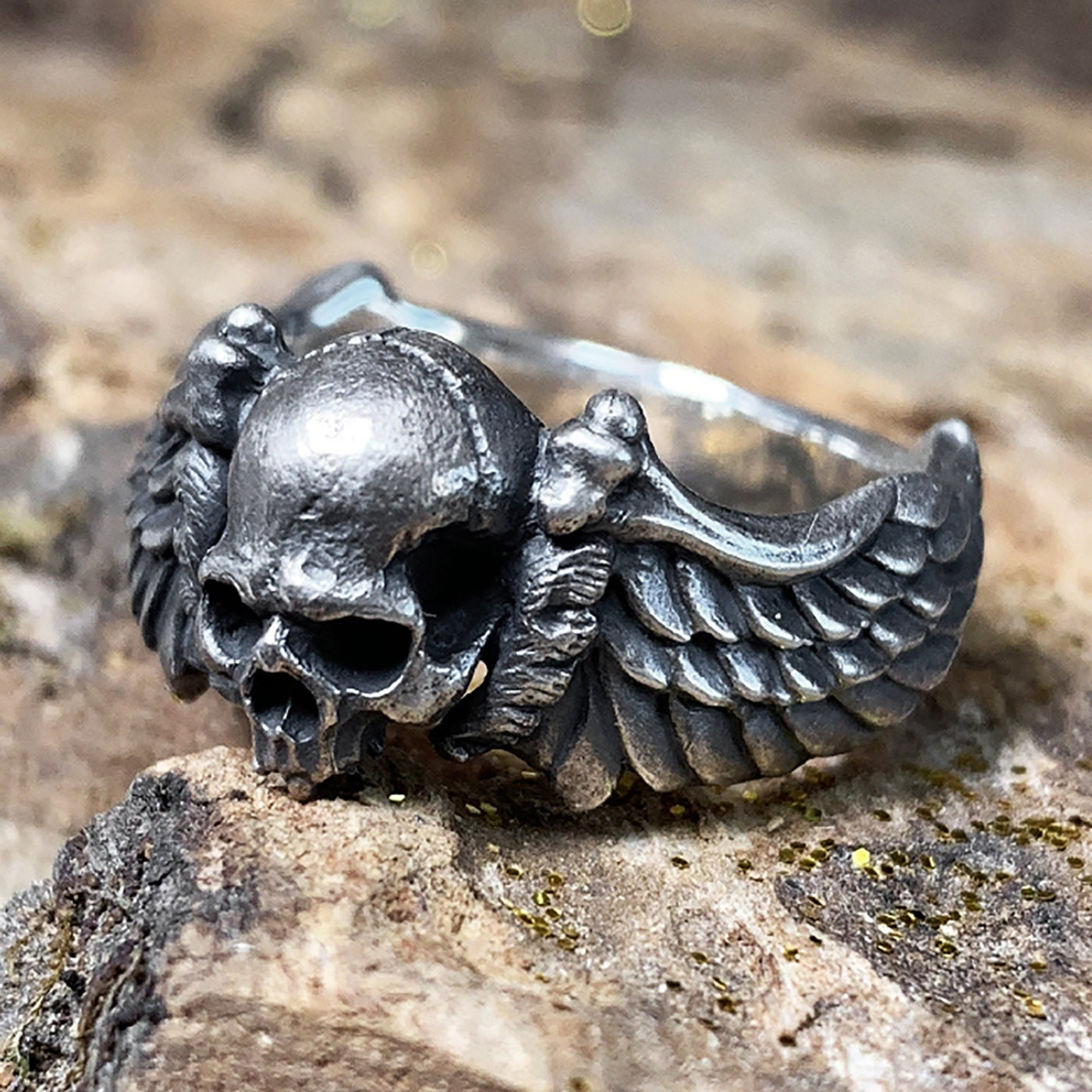 925 Sterling Silver Skull Wings Ring