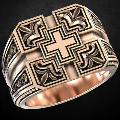 Vintage Carved Cross Totem Men Ring