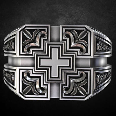 Vintage Carved Cross Totem Men Ring