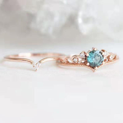 2 Pcs Teal Sapphire Engagement Ring Set