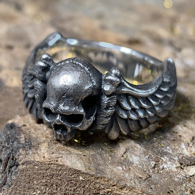 925 Sterling Silver Skull Wings Ring