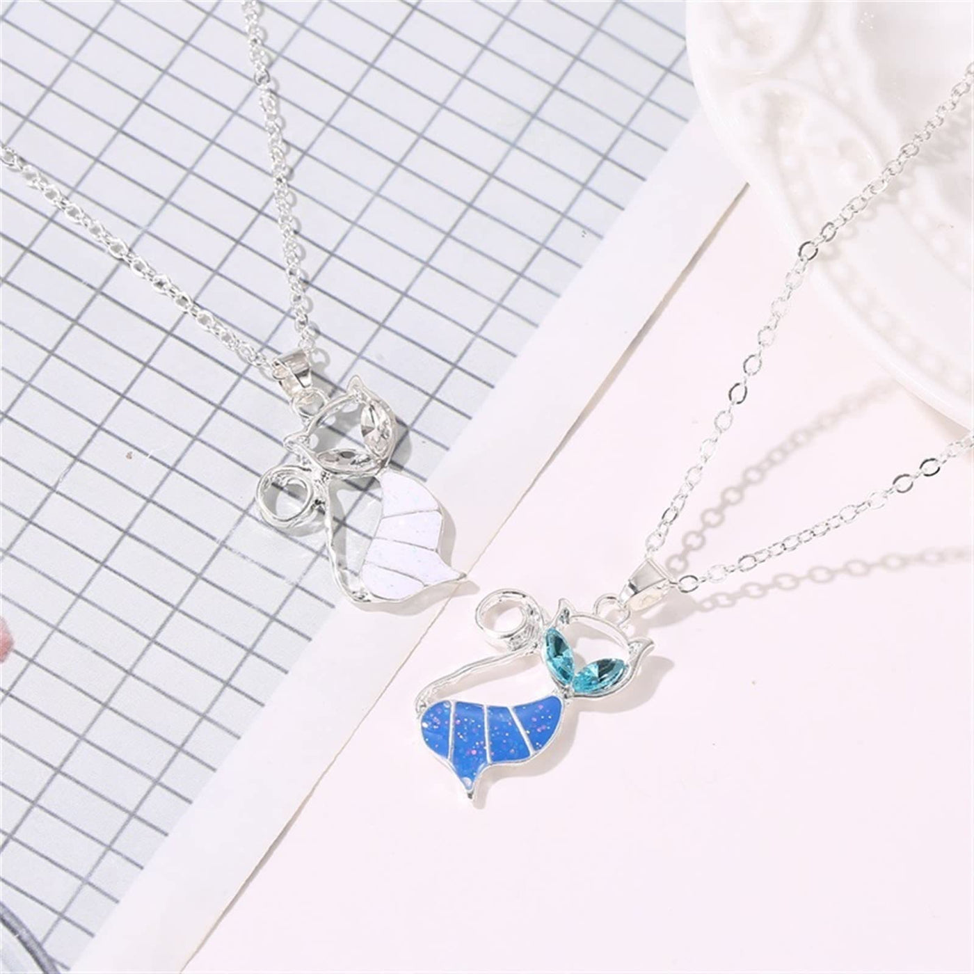 Cute Cat Silver Plated Opal Necklace