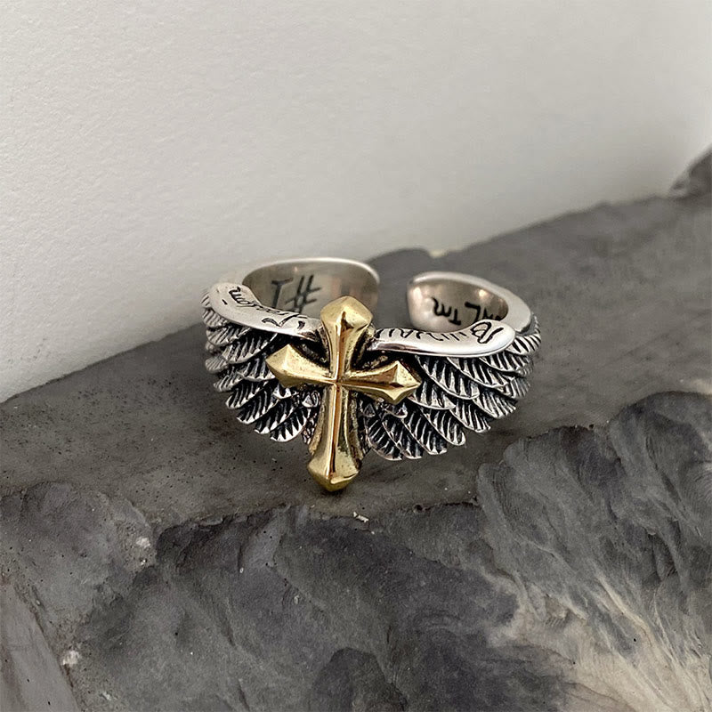 Retro Cross with Wings Ring