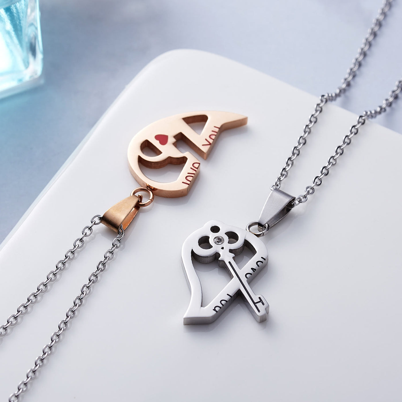 "My Love" Heart Shaped Lock & Key & Cat Two In One Couple Necklace