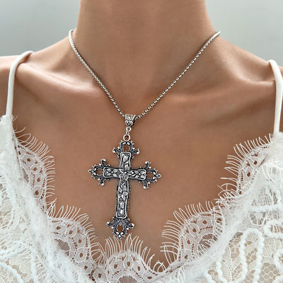 Silver Flower And Vine Cross Necklace