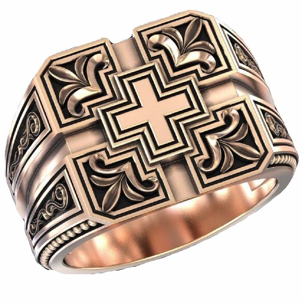 Vintage Carved Cross Totem Men Ring