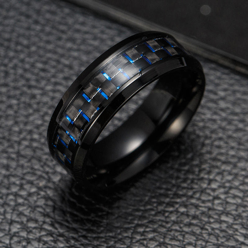 Carbon Fiber Black Titanium Beveled Edges Couple Ring