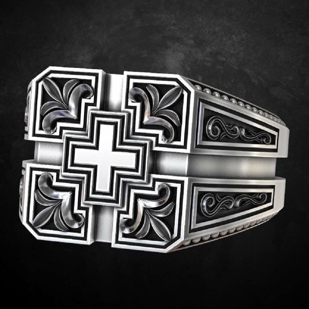 Vintage Carved Cross Totem Men Ring