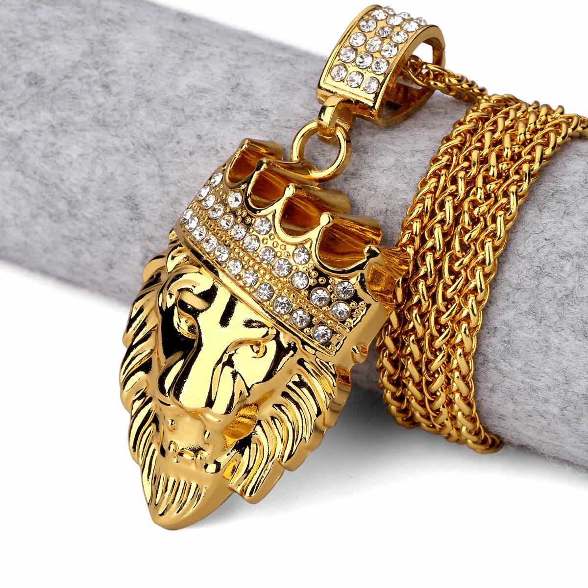 Gold Three-dimensional Crown Lion Head Pendant Necklace