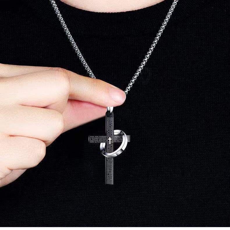 Men's Lord's Prayer Hanging Ring Cross Necklace