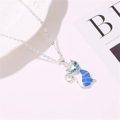 Cute Cat Silver Plated Opal Necklace