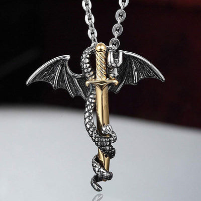 Classic Vintage Warrior Dragon Sword Necklace