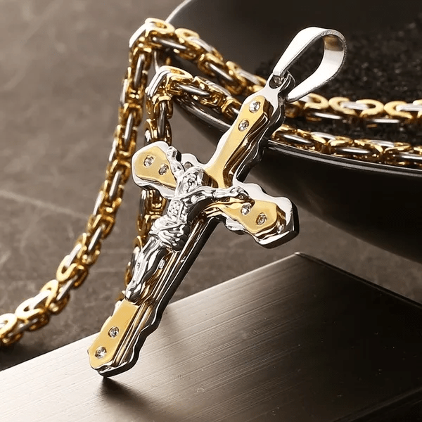 Fashion Men's Silver And Gold Cross Pendant Necklace