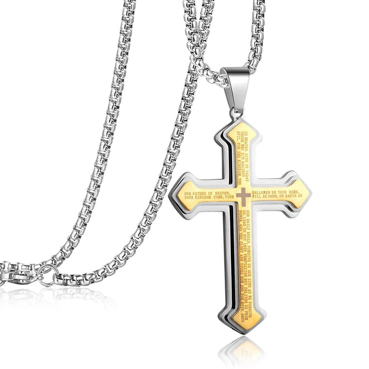 Layered Bible Cross Titanium Steel Pendant Necklace