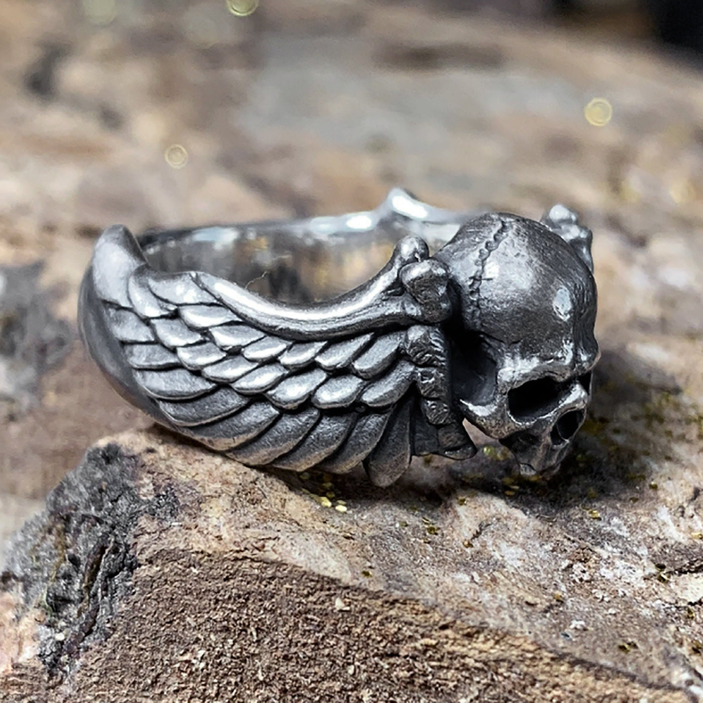 925 Sterling Silver Skull Wings Ring