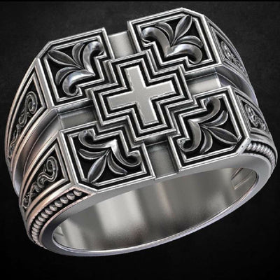 Vintage Carved Cross Totem Men Ring