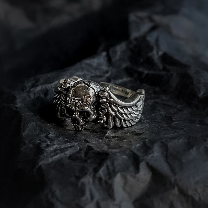 925 Sterling Silver Skull Wings Ring