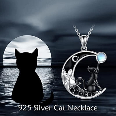 Moonstone Black Cat Moon Pendant Necklace