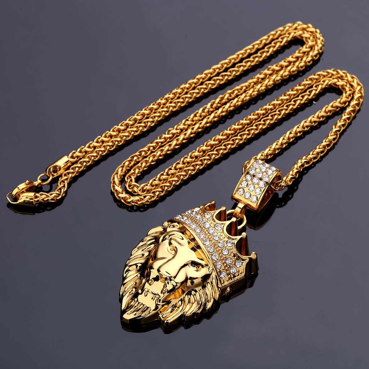 Gold Three-dimensional Crown Lion Head Pendant Necklace