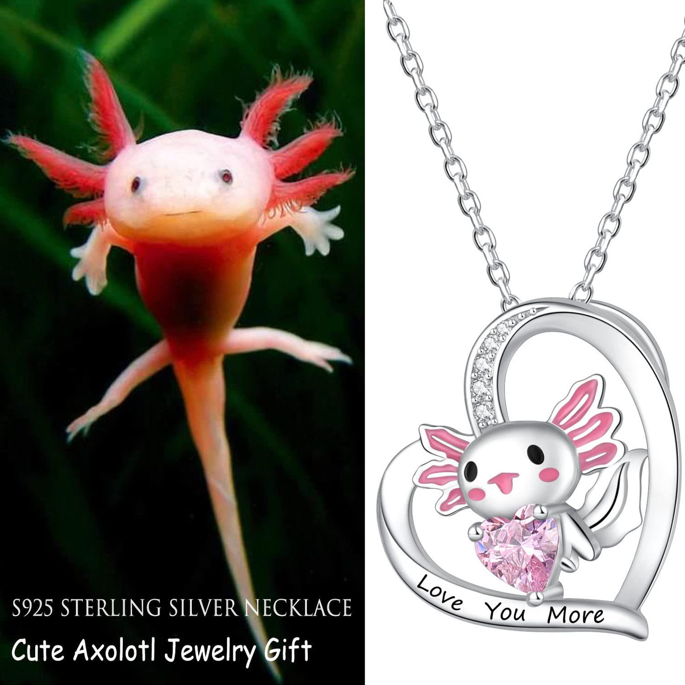 "Love You More" Cute Axolotl Salamander Pink Zircon Necklace