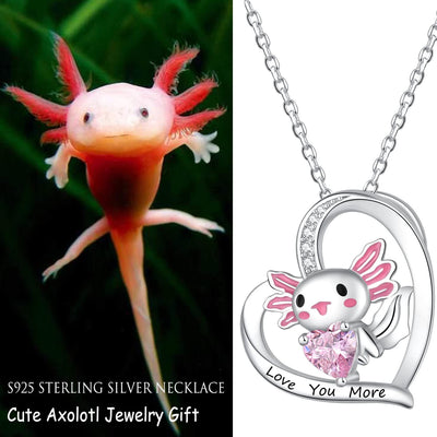 "Love You More" Cute Axolotl Salamander Pink Zircon Necklace