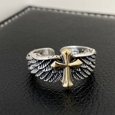 Retro Cross with Wings Ring