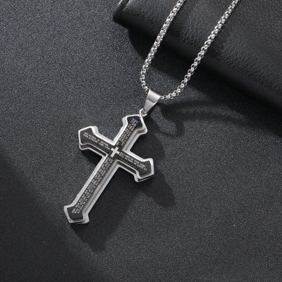 Layered Bible Cross Titanium Steel Pendant Necklace